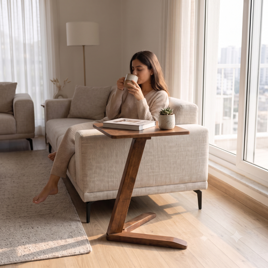 Solid Rubberwood Mini End Table | Compact Square Tabletop with Angled Legs