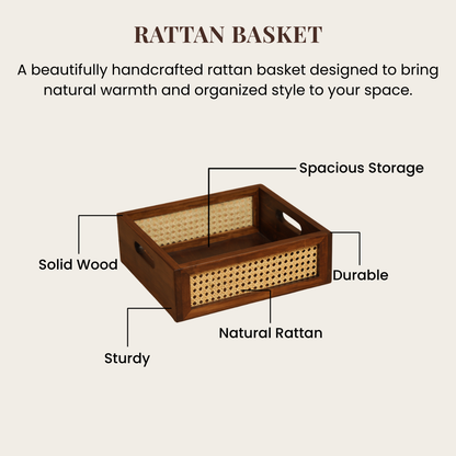 Solid Wood and Rattan Wicker Storage Basket