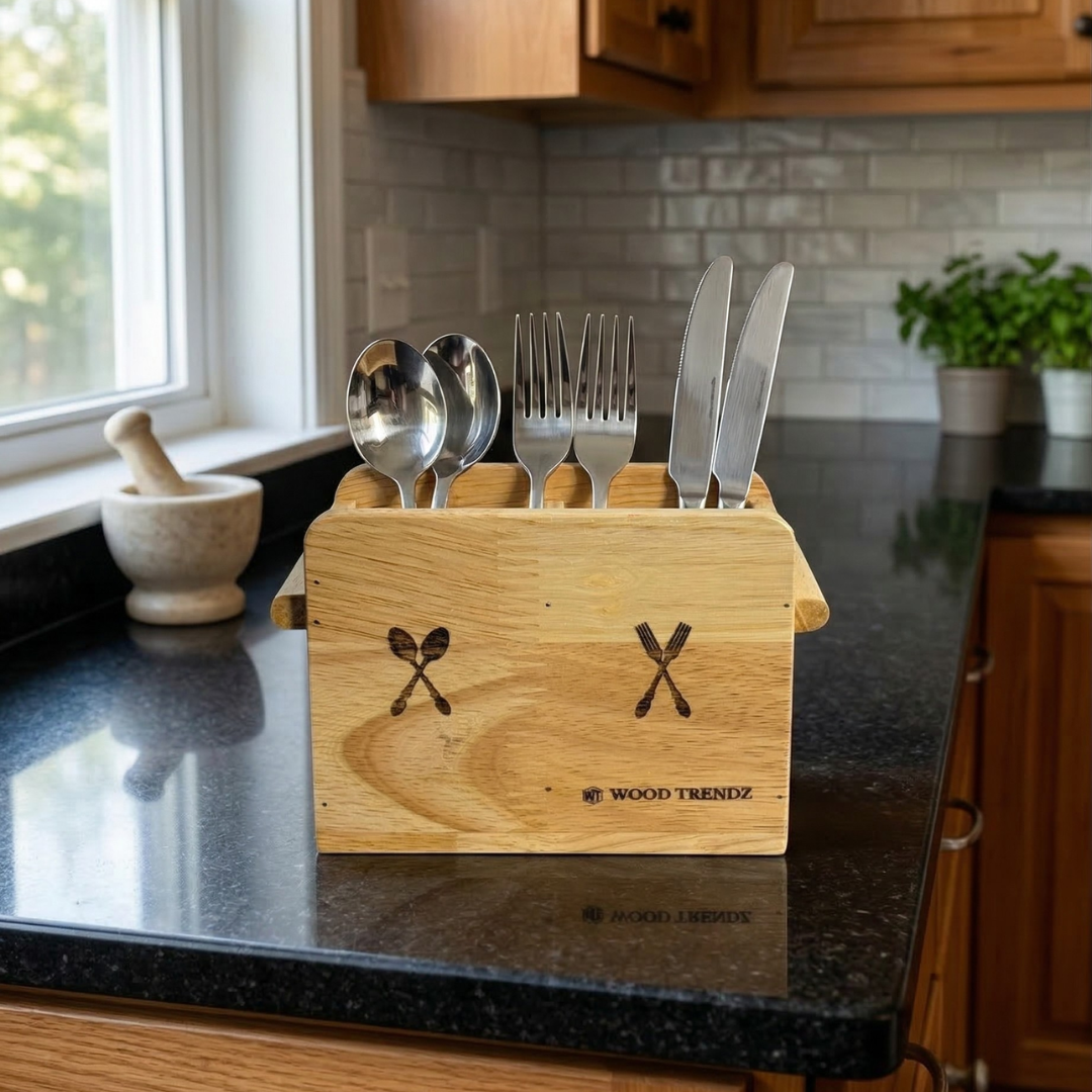 Wooden Cutlery Holder – Solid Rubberwood 2-Compartment Organizer