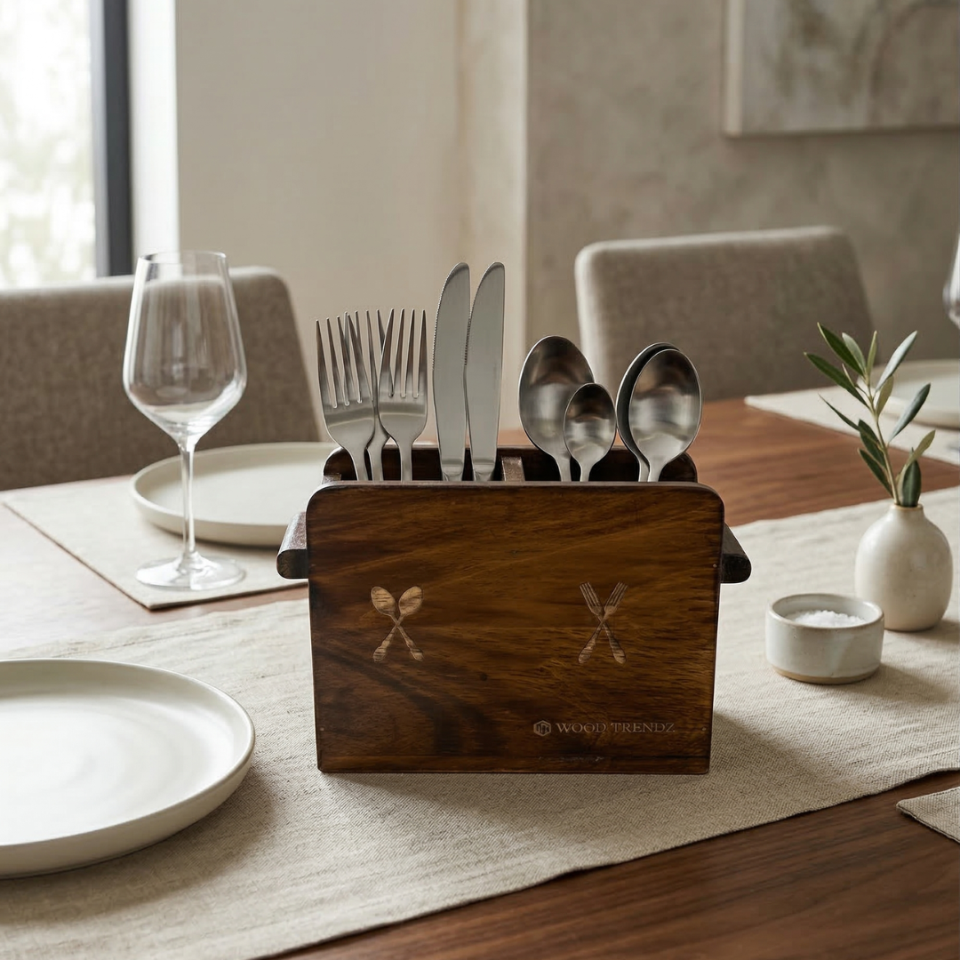 Wooden Cutlery Holder – Solid Rubberwood 2-Compartment Organizer