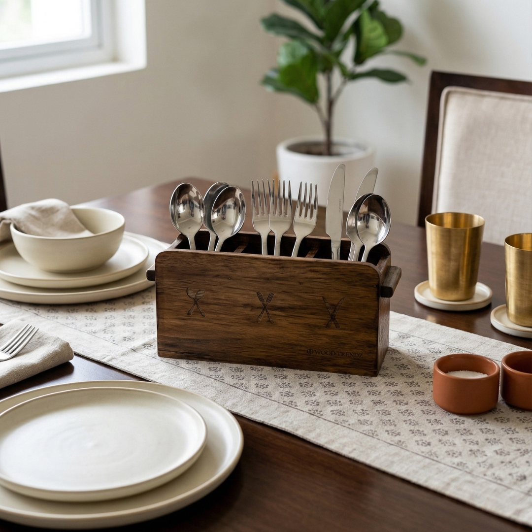 Wooden Cutlery Holder – 3-Compartment Solid Rubberwood Organizer