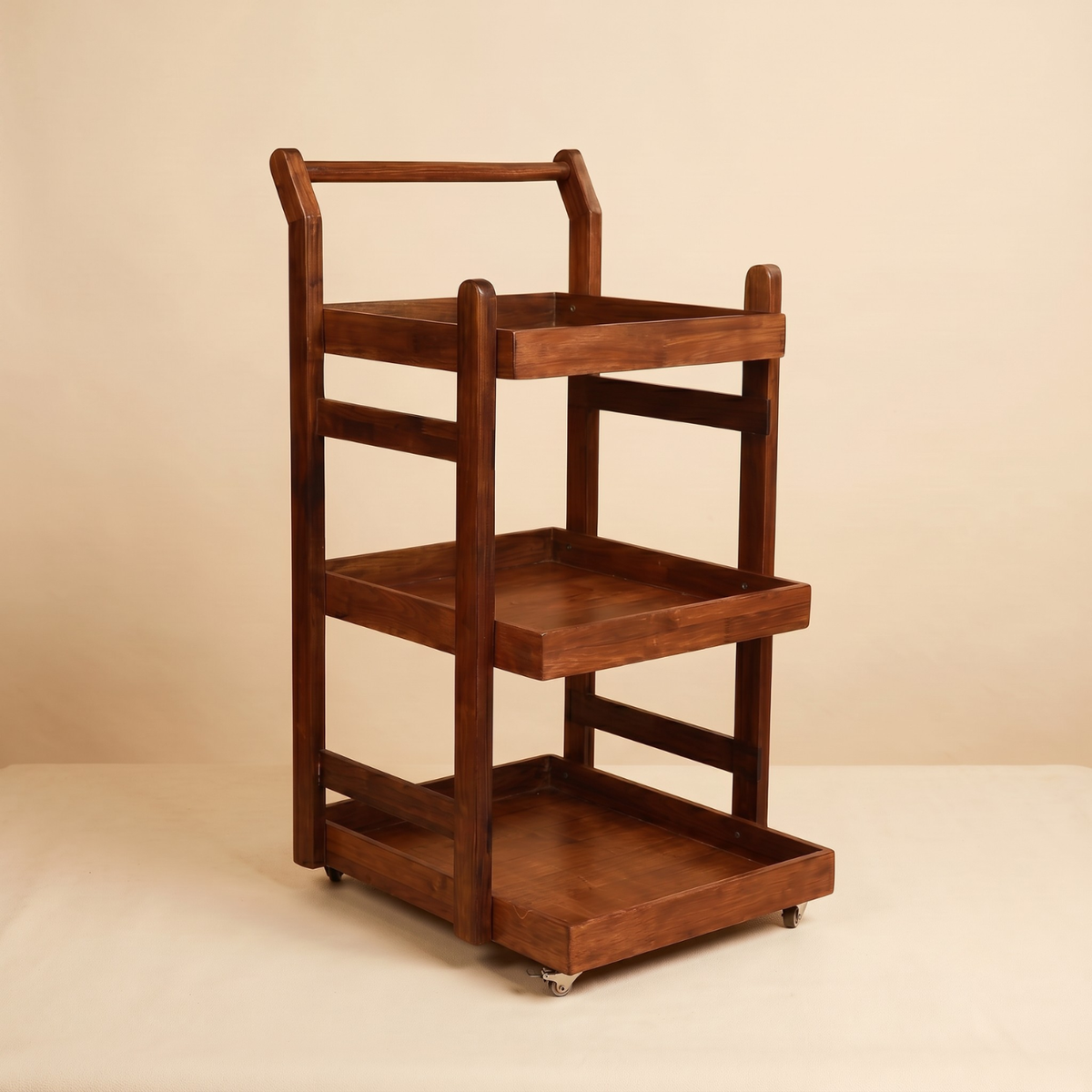 Solid Wood Rolling Utility Trolley: 3-Level Wooden Serving Trolley for Kitchen Organization