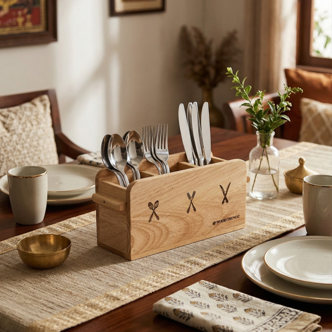 Wooden Cutlery Holder – 3-Compartment Solid Rubberwood Organizer