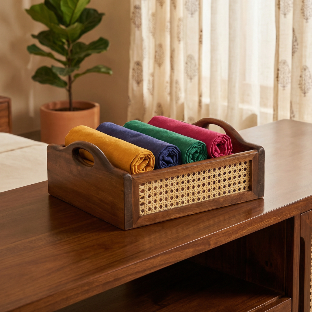 Solid Wood and Rattan Wicker Storage Basket with Round Handle - Walnut