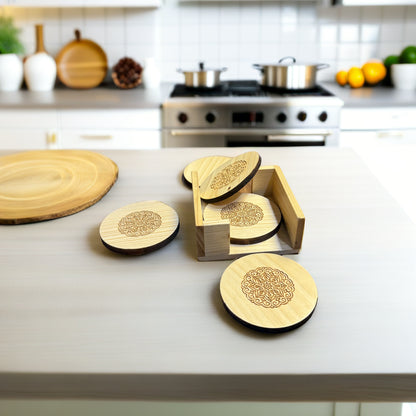 Wooden Tea Coasters – Set of 5 Round Pine Wood Coasters (Beige, Decorative)
