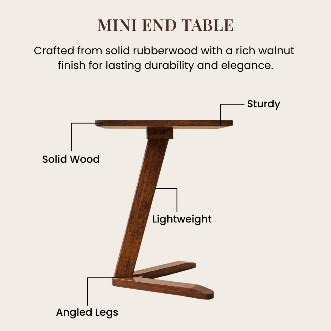 Solid Rubberwood Mini End Table | Compact Square Tabletop with Angled Legs