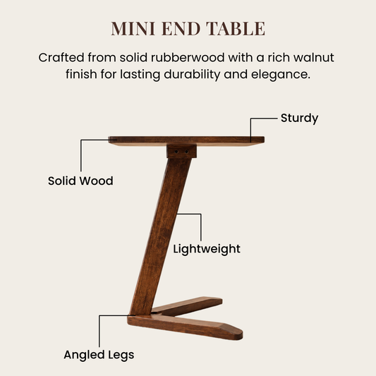 Solid Rubberwood Mini End Table | Compact Square Tabletop with Angled Legs