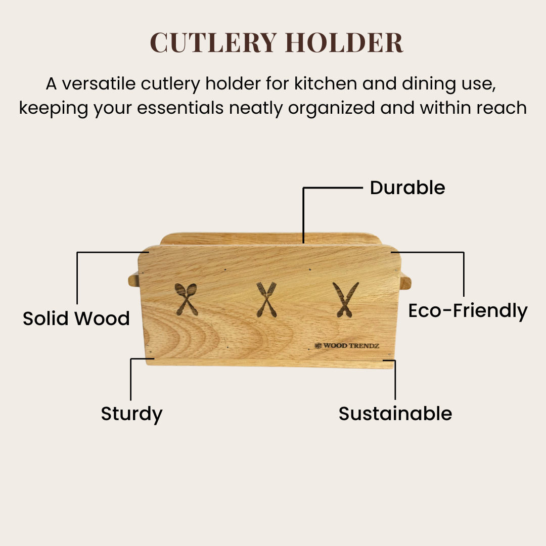 Wooden Cutlery Holder – 3-Compartment Solid Rubberwood Organizer