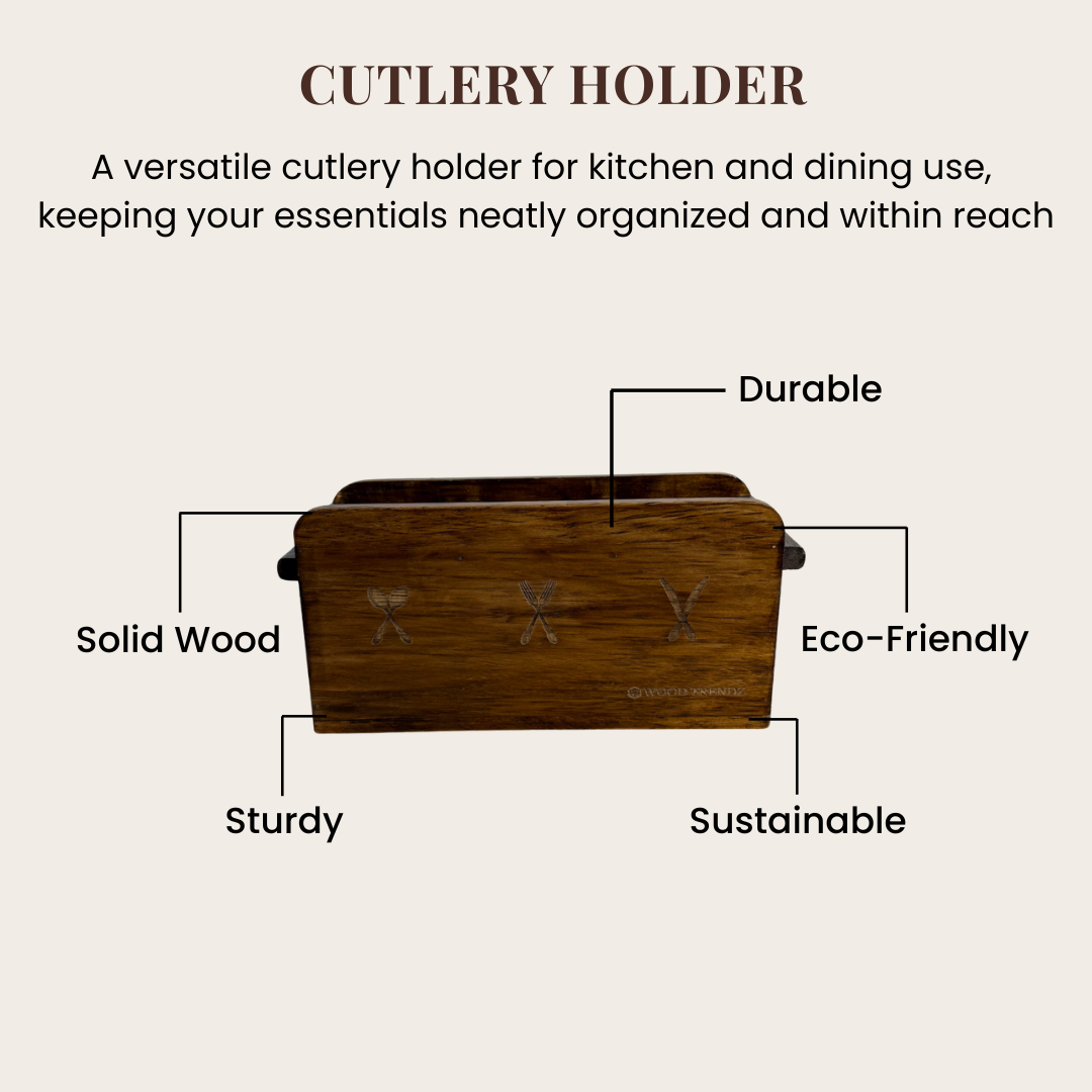 Wooden Cutlery Holder – 3-Compartment Solid Rubberwood Organizer