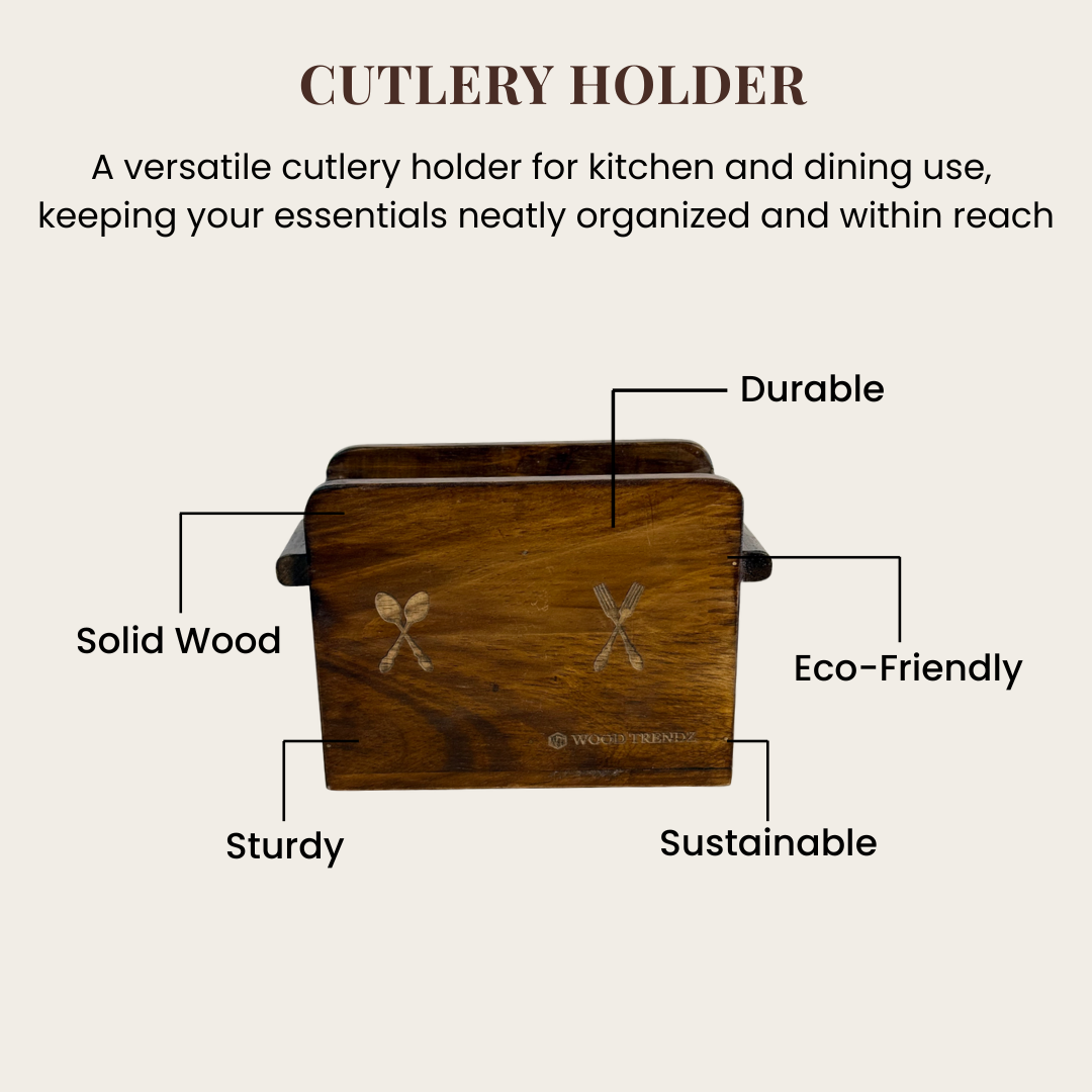 Wooden Cutlery Holder – Solid Rubberwood 2-Compartment Organizer