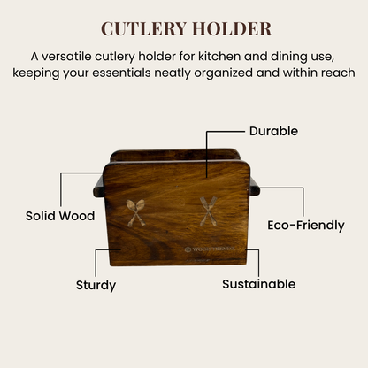 Wooden Cutlery Holder – Solid Rubberwood 2-Compartment Organizer