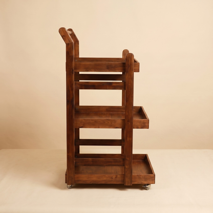 Solid Wood Rolling Utility Trolley: 3-Level Wooden Serving Trolley for Kitchen Organization