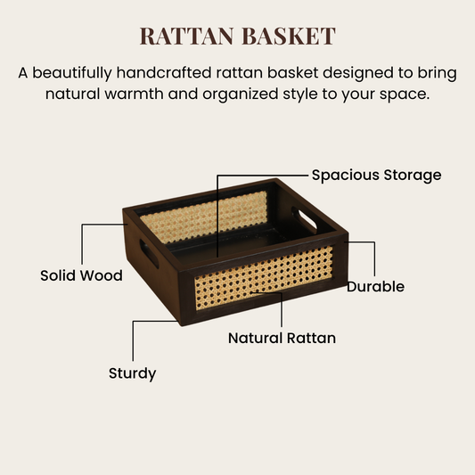 Solid Wood and Rattan Wicker Storage Basket
