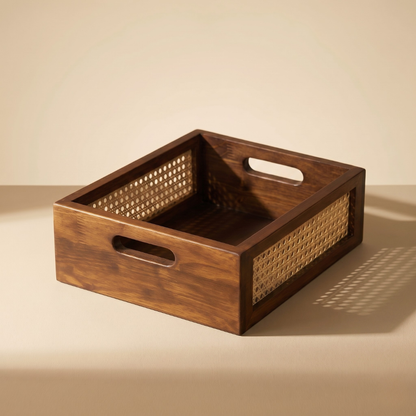 Solid Wood and Rattan Wicker Storage Basket