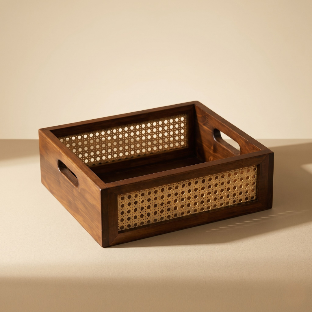 Solid Wood and Rattan Wicker Storage Basket