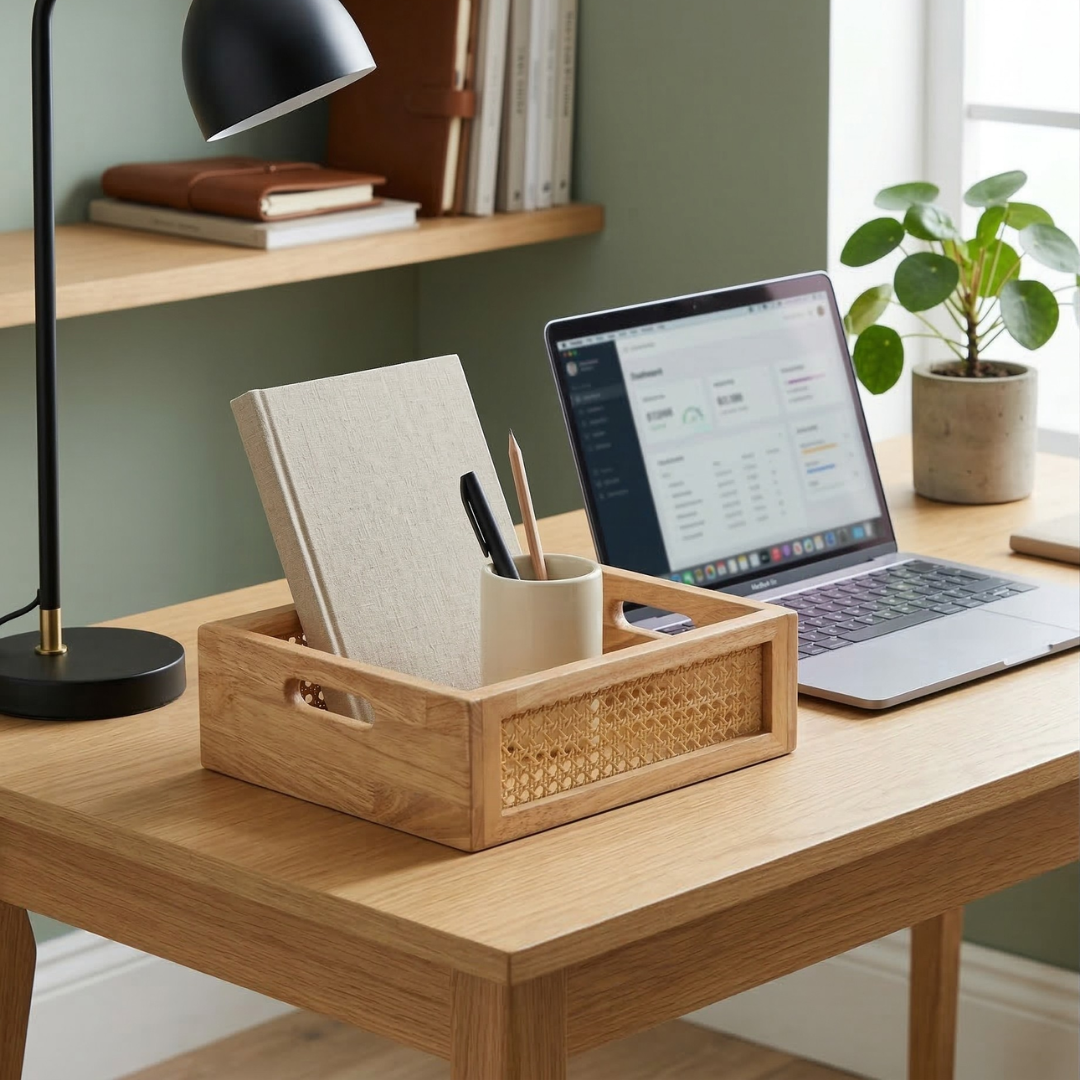 Solid Wood and Rattan Wicker Storage Basket