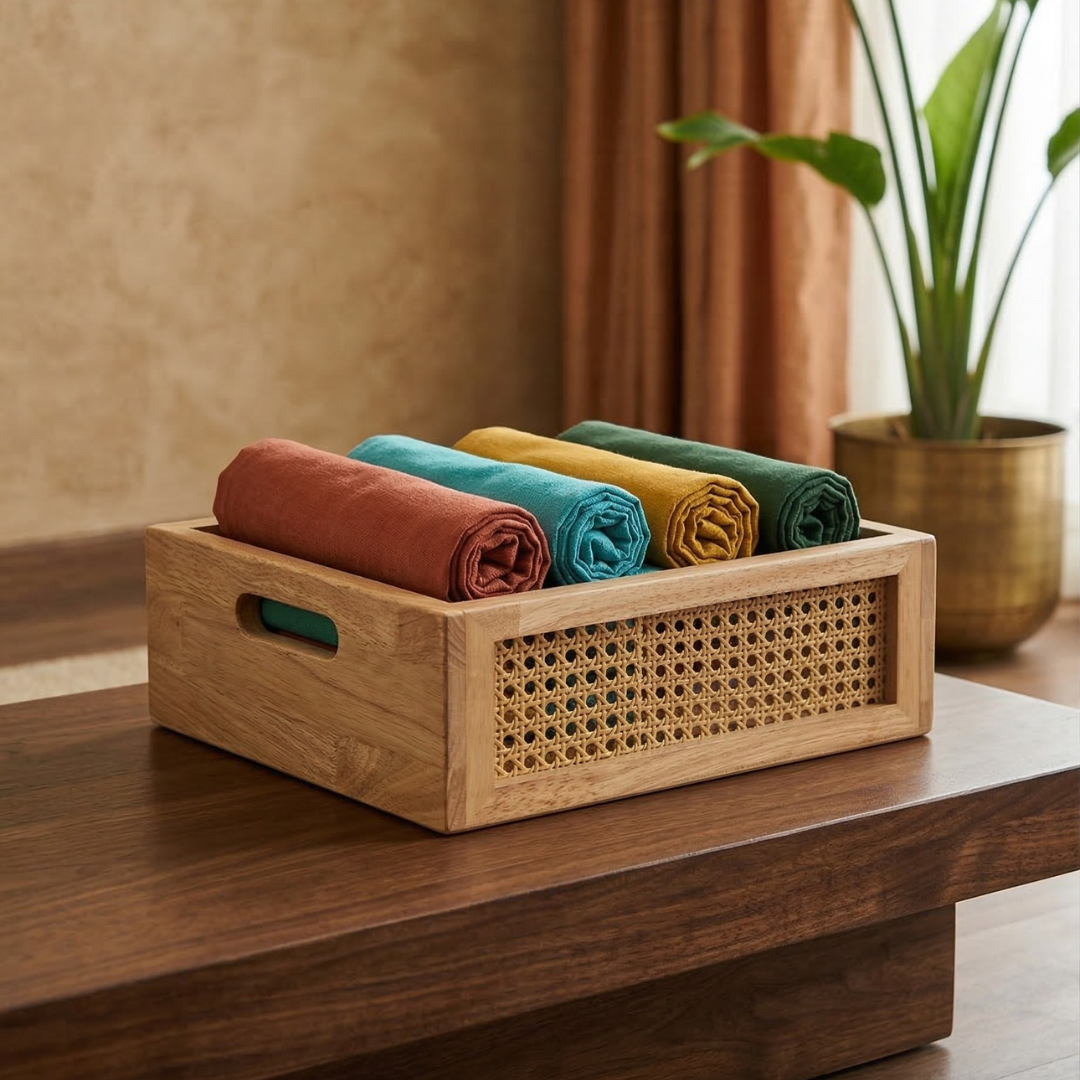 Solid Wood and Rattan Wicker Storage Basket