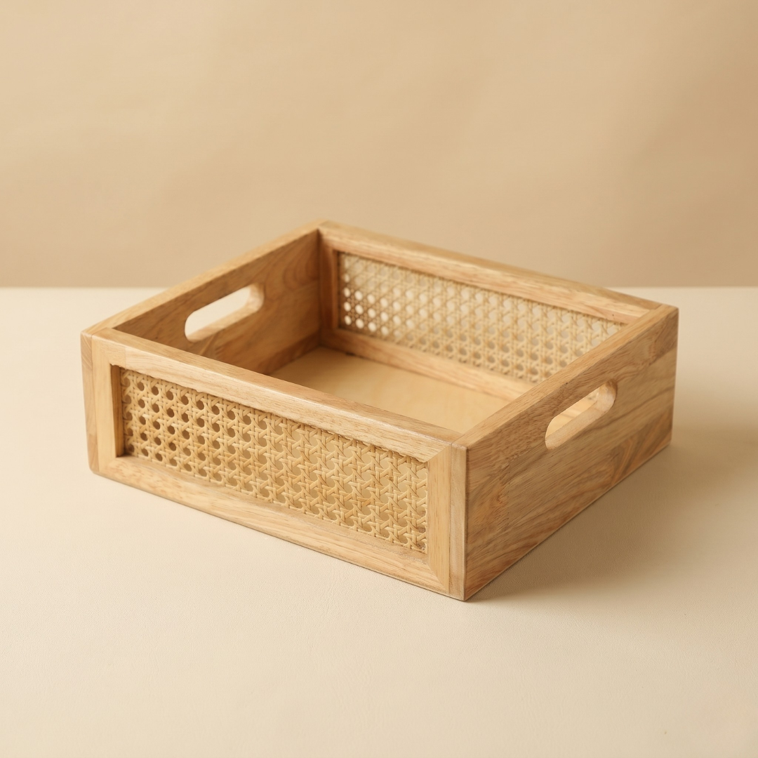 Solid Wood and Rattan Wicker Storage Basket
