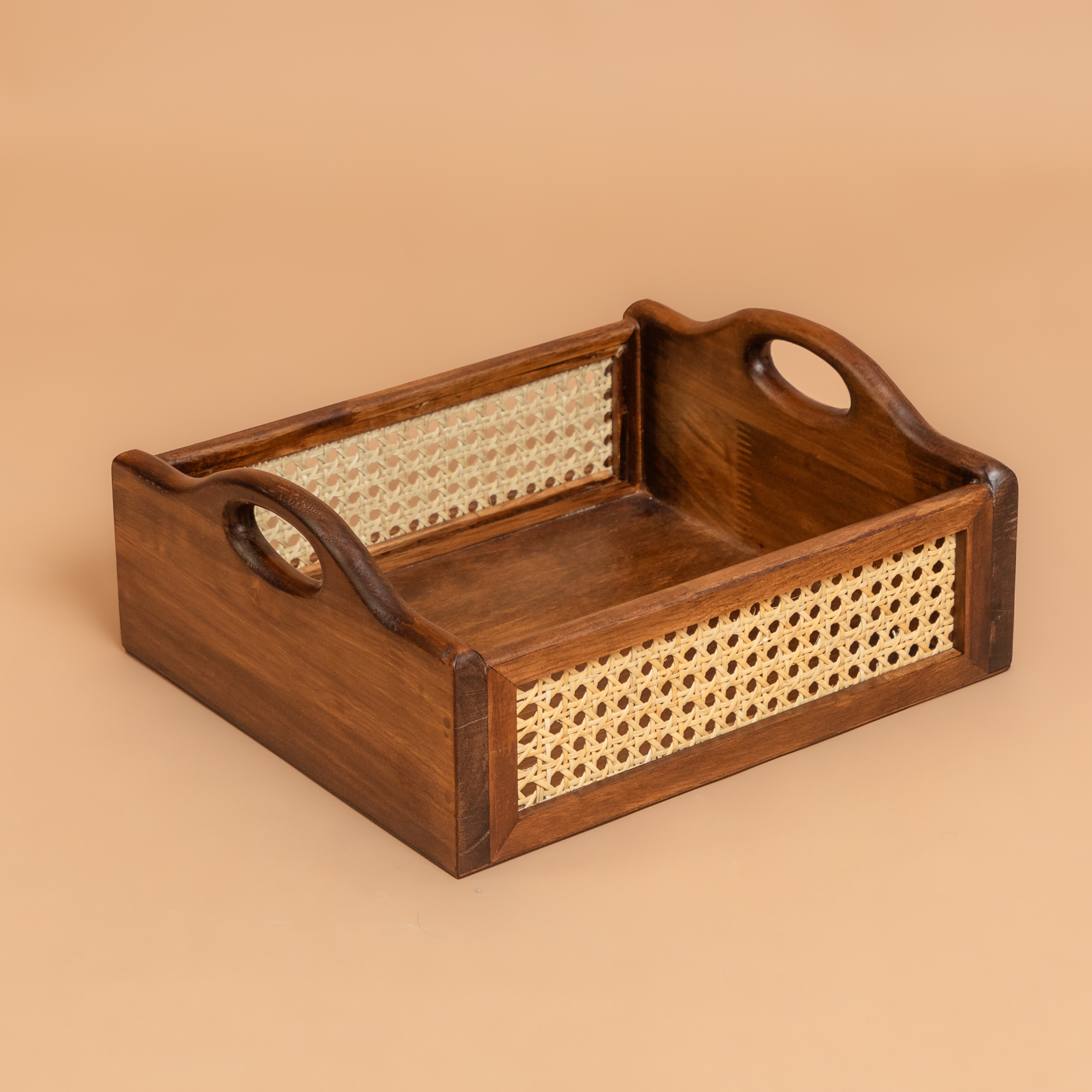 Rattan Storage Basket with Round Handle: Solid Wood - Walnut