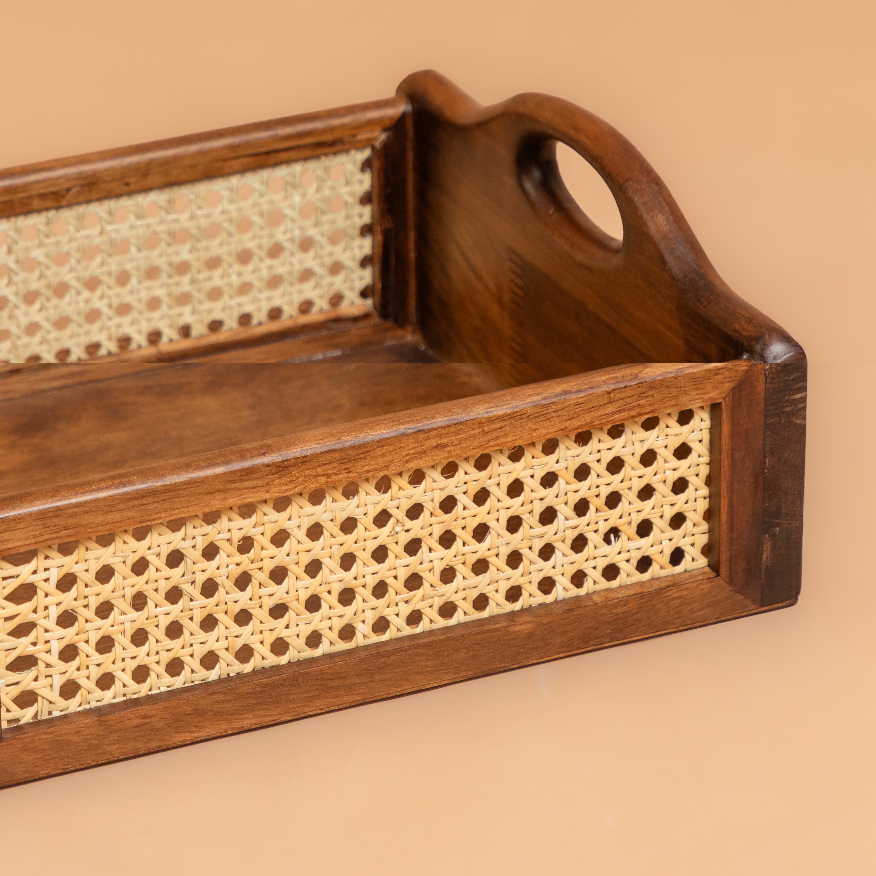 Rattan Storage Basket with Round Handle: Solid Wood - Walnut