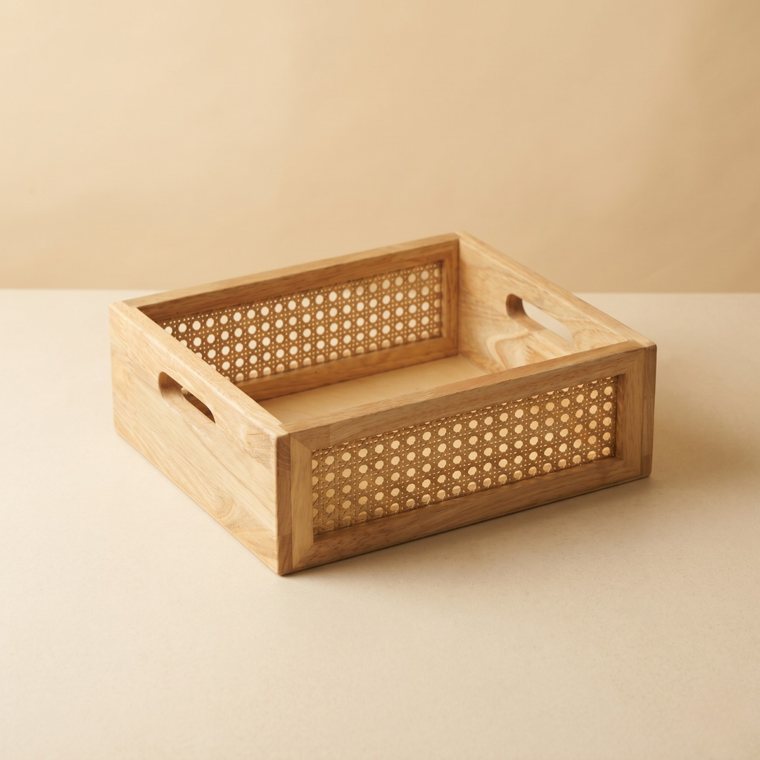 Solid Wood and Rattan Wicker Storage Basket