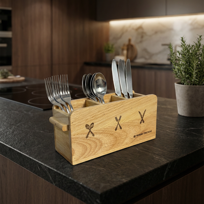 Wooden Cutlery Holder – 3-Compartment Solid Rubberwood Organizer