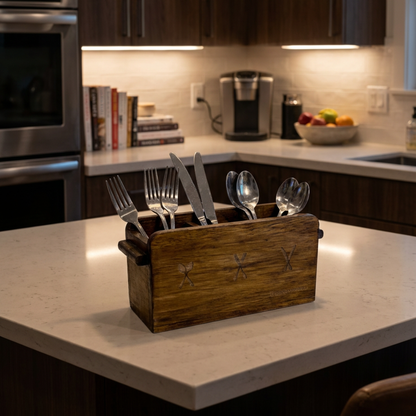 Wooden Cutlery Holder – 3-Compartment Solid Rubberwood Organizer
