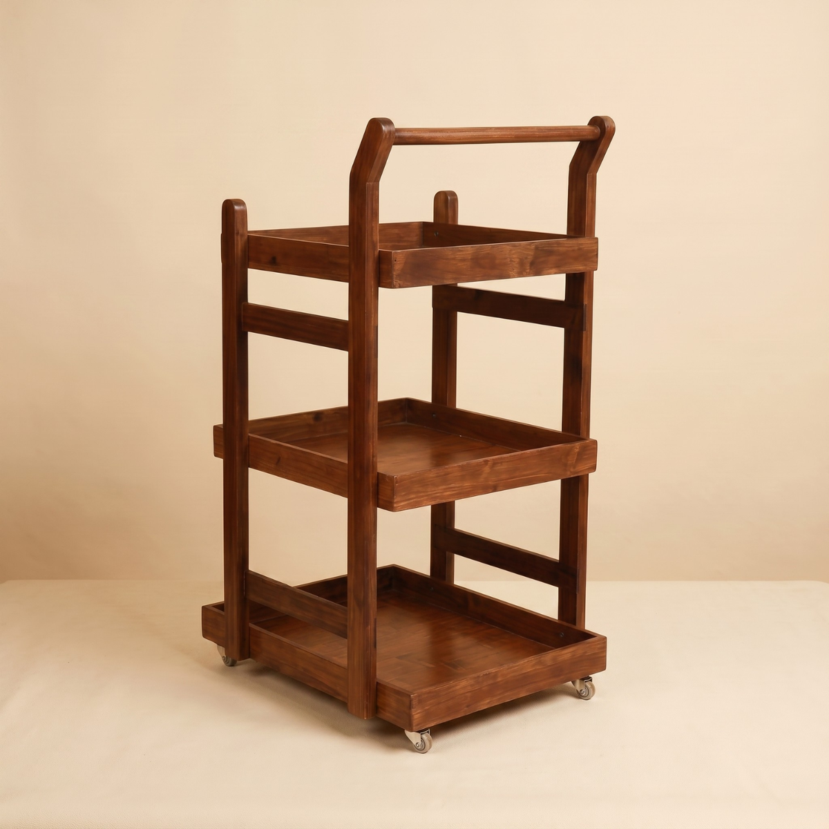 Solid Wood Rolling Utility Trolley: 3-Level Wooden Serving Trolley for Kitchen Organization