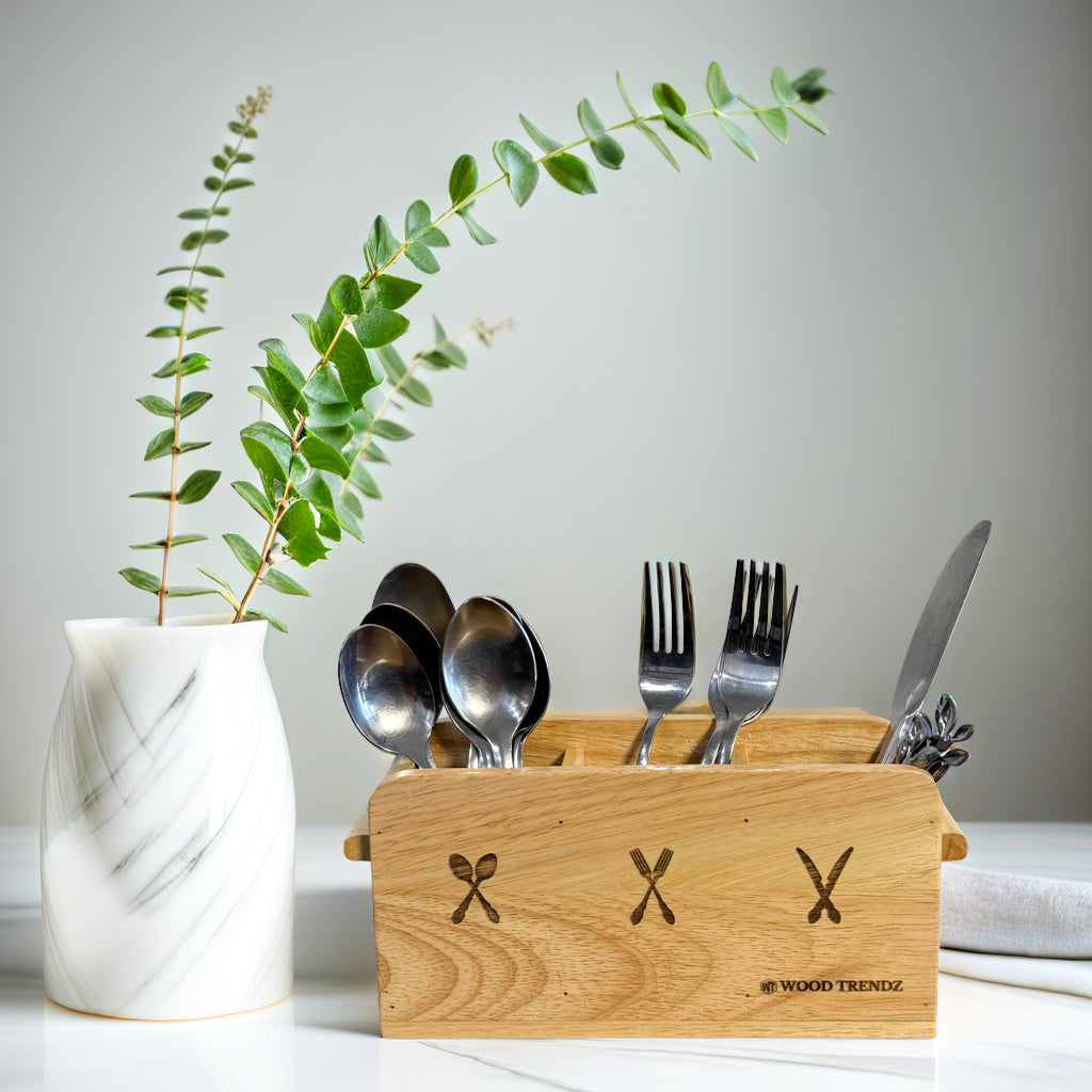 Wooden Cutlery Holder – 3-Compartment Solid Rubberwood Organizer