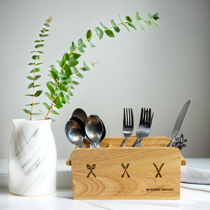 Wooden Cutlery Holder – 3-Compartment Solid Rubberwood Organizer