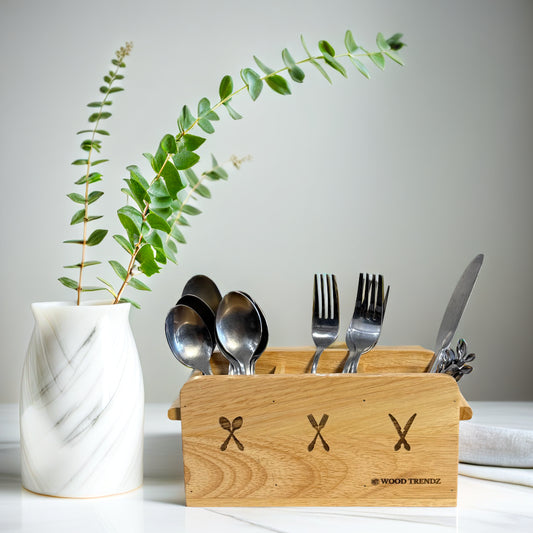 Wooden Cutlery Holder – 3-Compartment Solid Rubberwood Organizer