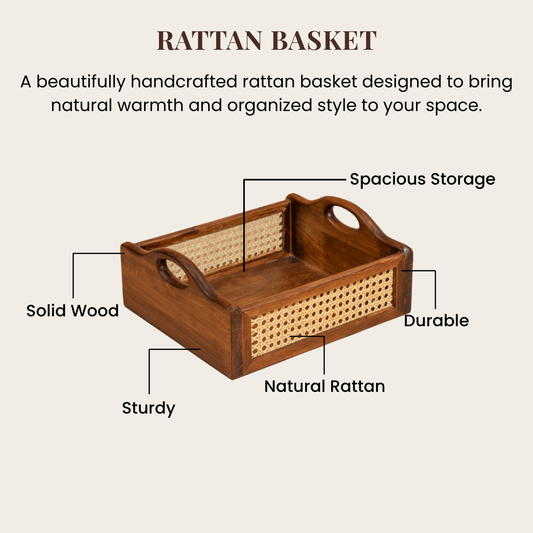 Solid Wood and Rattan Wicker Storage Basket with Round Handle - Walnut