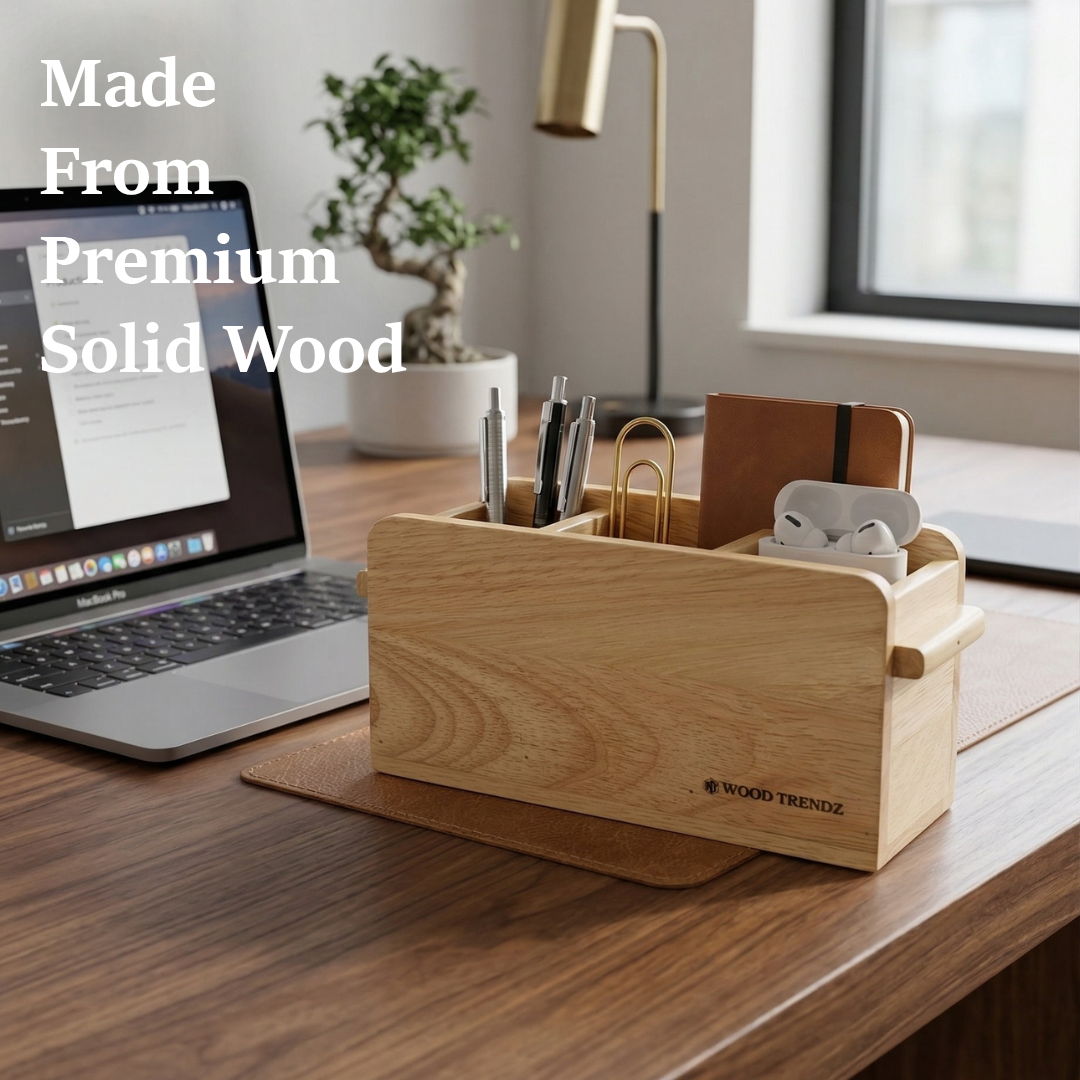 Wooden Cutlery Holder – 3-Compartment Solid Rubberwood Organizer