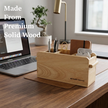 Wooden Cutlery Holder – 3-Compartment Solid Rubberwood Organizer