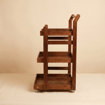 Solid Wood Rolling Utility Trolley: 3-Level Wooden Serving Trolley for Kitchen Organization