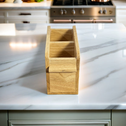 Wooden Cutlery Holder – Solid Rubberwood 2-Compartment Organizer