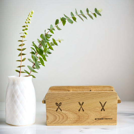 Wooden Cutlery Holder – 3-Compartment Solid Rubberwood Organizer