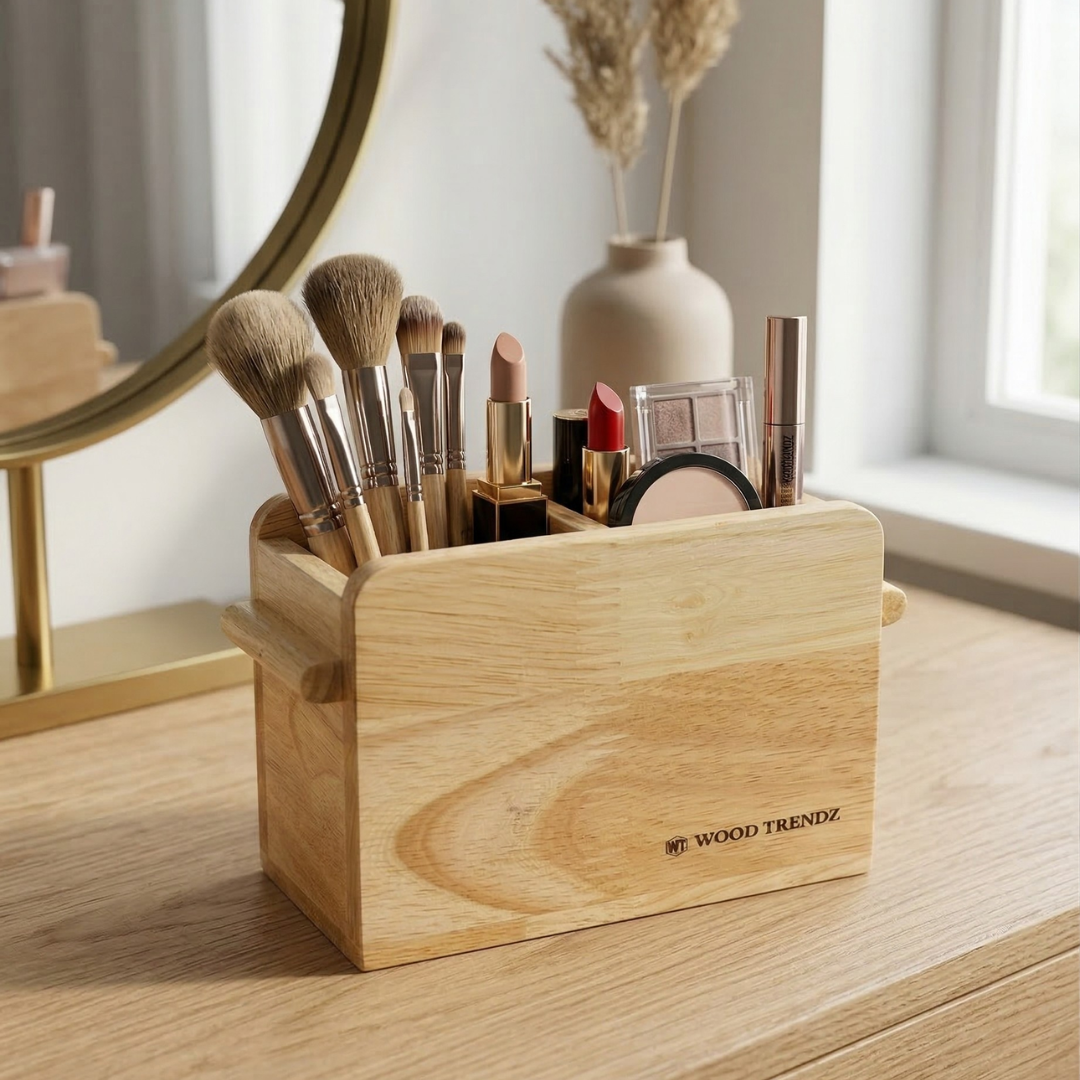 Wooden Cutlery Holder – Solid Rubberwood 2-Compartment Organizer