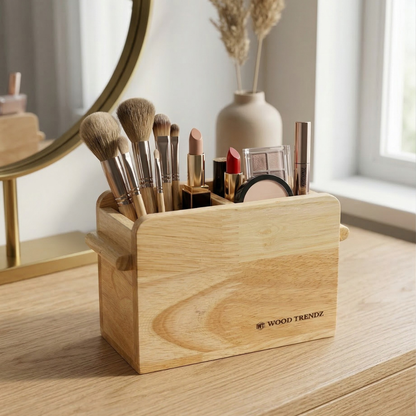 Wooden Cutlery Holder – Solid Rubberwood 2-Compartment Organizer