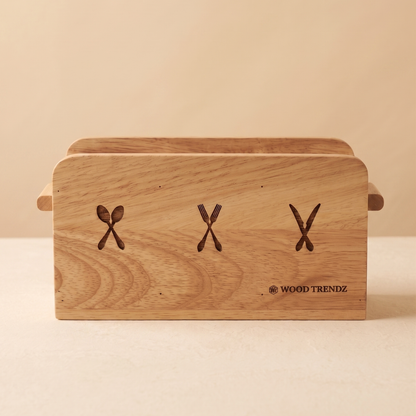 Wooden Cutlery Holder – 3-Compartment Solid Rubberwood Organizer