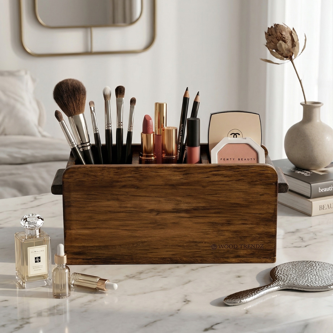 Wooden Cutlery Holder – 3-Compartment Solid Rubberwood Organizer