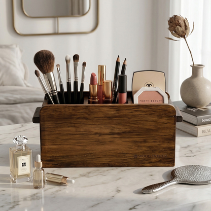Wooden Cutlery Holder – 3-Compartment Solid Rubberwood Organizer
