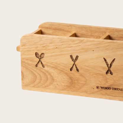Wooden Cutlery Holder – 3-Compartment Solid Rubberwood Organizer