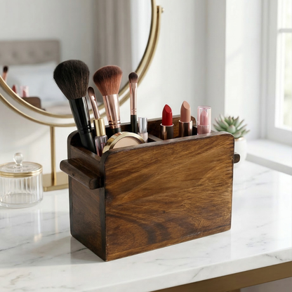 Wooden Cutlery Holder – Solid Rubberwood 2-Compartment Organizer