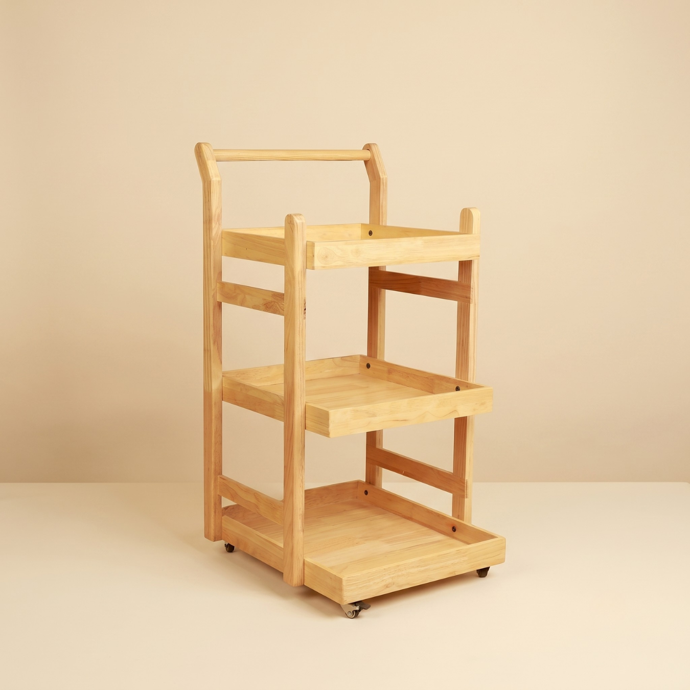 Solid Wood Rolling Utility Trolley: 3-Level Wooden Serving Trolley for Kitchen Organization