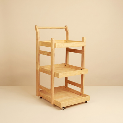Solid Wood Rolling Utility Trolley: 3-Level Wooden Serving Trolley for Kitchen Organization