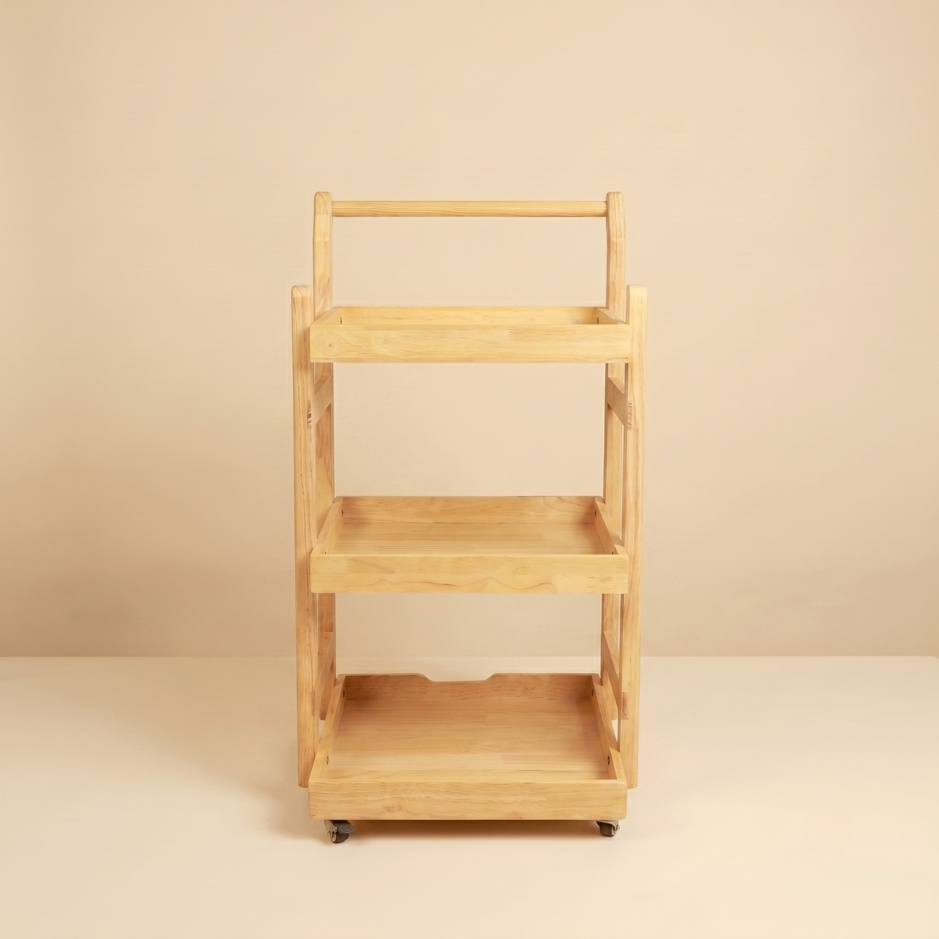 Solid Wood Rolling Utility Trolley: 3-Level Wooden Serving Trolley for Kitchen Organization