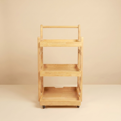 Solid Wood Rolling Utility Trolley: 3-Level Wooden Serving Trolley for Kitchen Organization