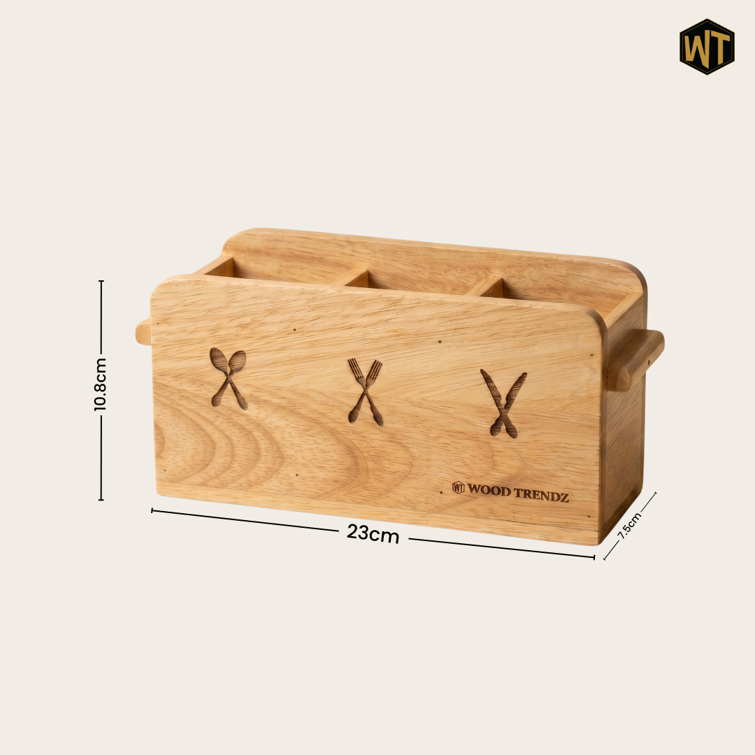 Wooden Cutlery Holder – 3-Compartment Solid Rubberwood Organizer