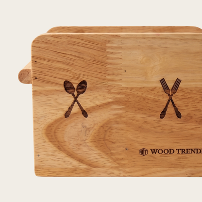 Wooden Cutlery Holder – Solid Rubberwood 2-Compartment Organizer